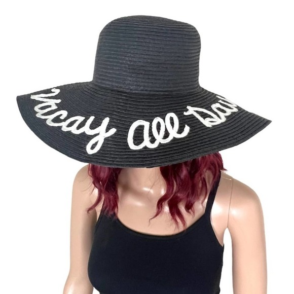 Vacay All Day Straw Floppy Hat Adult One Size Black White Pool Beach Cruise - Picture 2 of 4